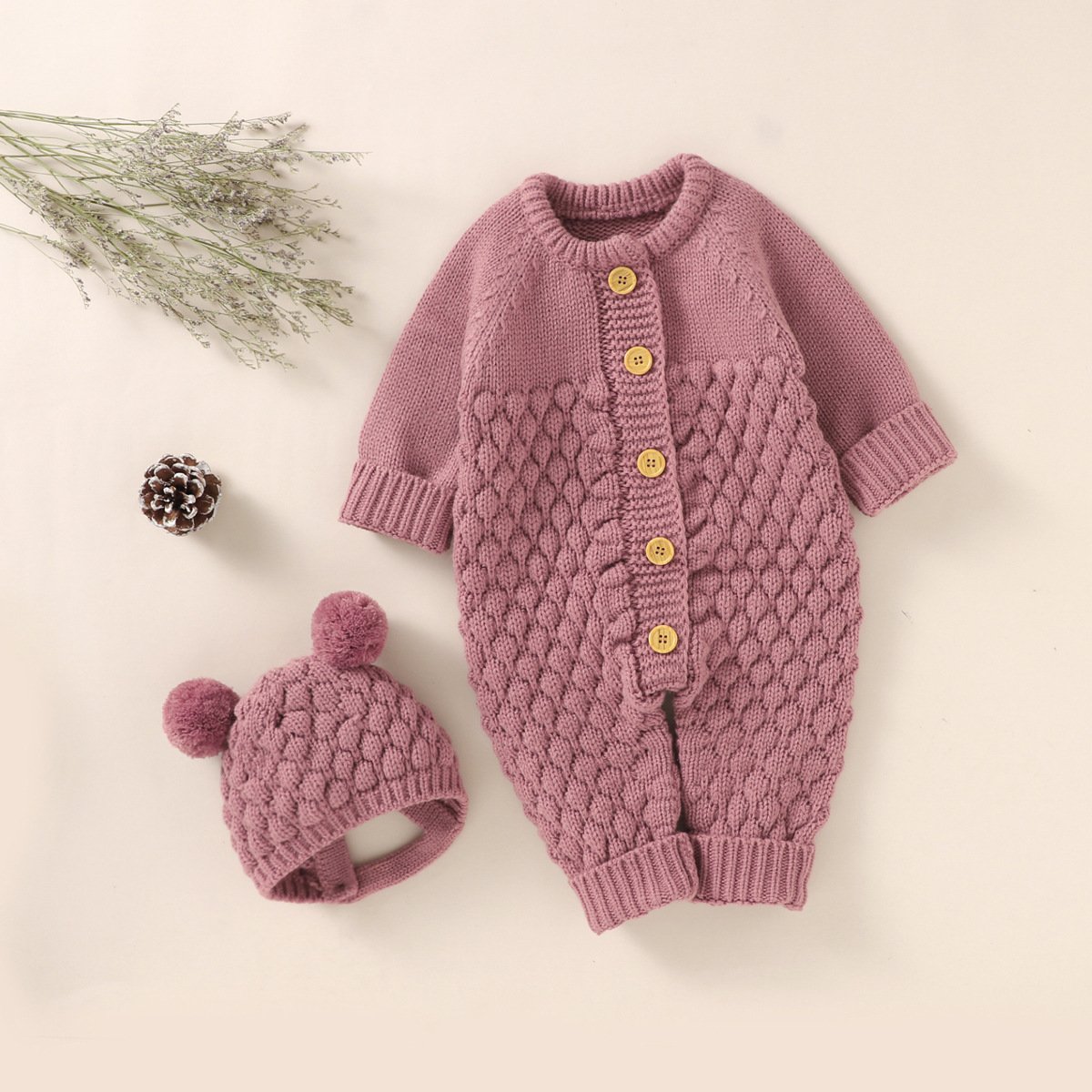 1Pcs Private Label RTS Autumn Winter Knitted Long Sleeve Baby Romper With Hat
