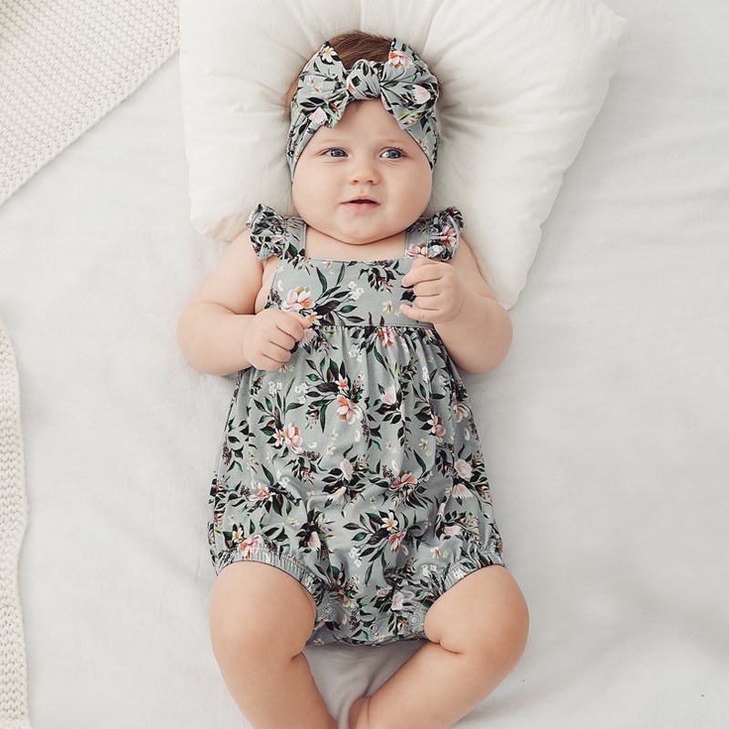 Factory Summer Flowers Newborn bamboo Clothes Headband Baby Girl' Ruffle Rompers Floral Baby Romper Girls Clothes 6980
