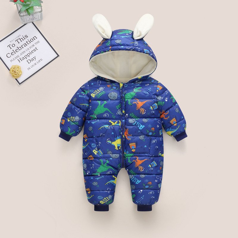 Factory Direct Sale Baby Romper Winter Cartoon Pattern Thick Warm Hooded Romper With Zipper