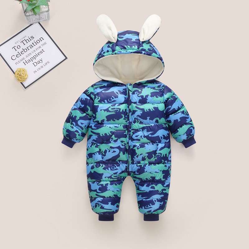 Factory Direct Sale Baby Romper Winter Cartoon Pattern Thick Warm Hooded Romper With Zipper