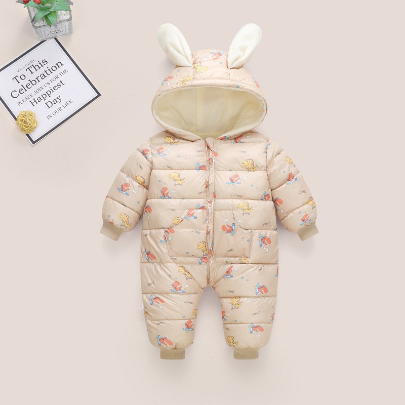 Factory Direct Sale Baby Romper Winter Cartoon Pattern Thick Warm Hooded Romper With Zipper