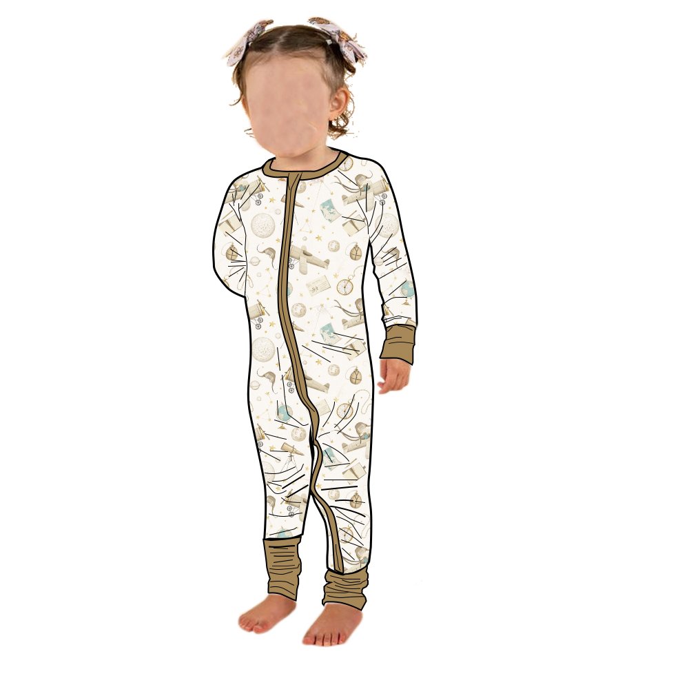 New Fashion Casual Style Custom Pattern Bamboo Print Long Sleeve Zippy Romper For Baby Girls.