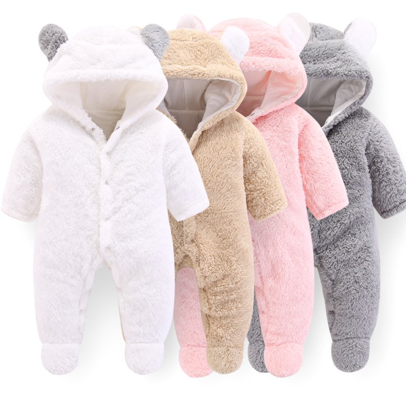 Custom New Design Newborn Bear Snowsuit Cotton Fleece Hooded Romper Jumpsuit For Baby Girl Boy Baby Clothes Set Baby Romper