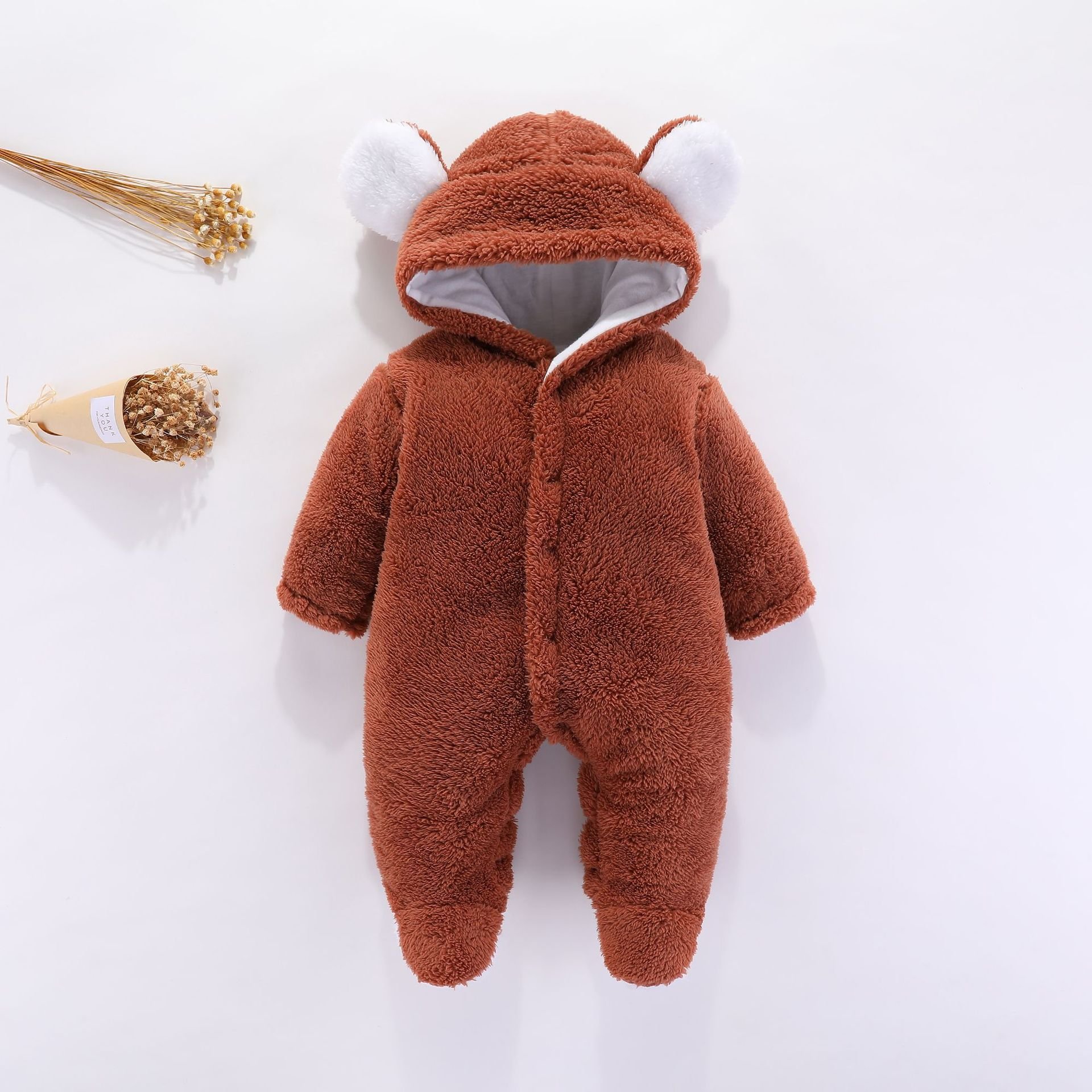 Custom New Design Newborn Bear Snowsuit Cotton Fleece Hooded Romper Jumpsuit For Baby Girl Boy Baby Clothes Set Baby Romper