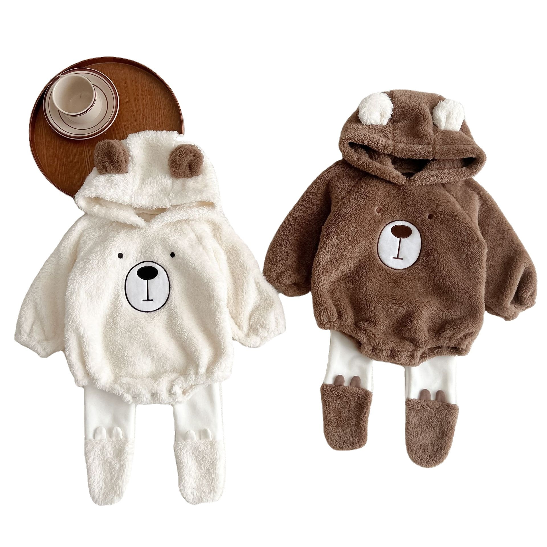 Rarewe Autumn and Winter Baby Clothes Hooded Plush Jumpsuit Warm Baby Romper