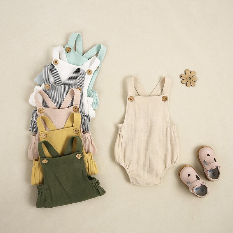 Free Sample Australia UK INS Fashions Newborn Jumpsuits Summer Autumn Sleeveless Plain Organic Linen Cotton Baby Rompers