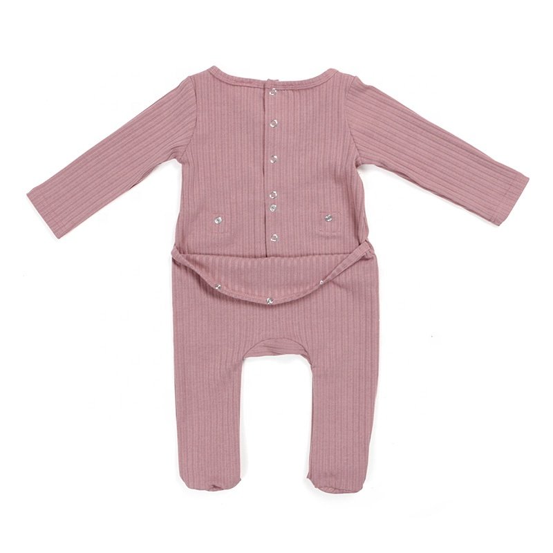 Newborn baby clothes long sleeves snap button opening back easy to change diaper knit cotton ribbed footie baby romper