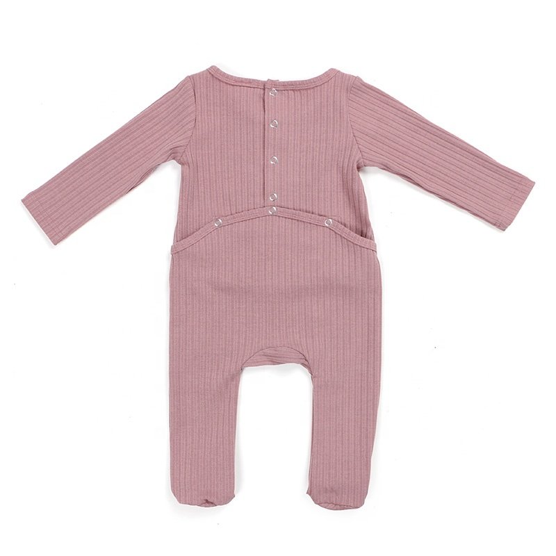 Newborn baby clothes long sleeves snap button opening back easy to change diaper knit cotton ribbed footie baby romper