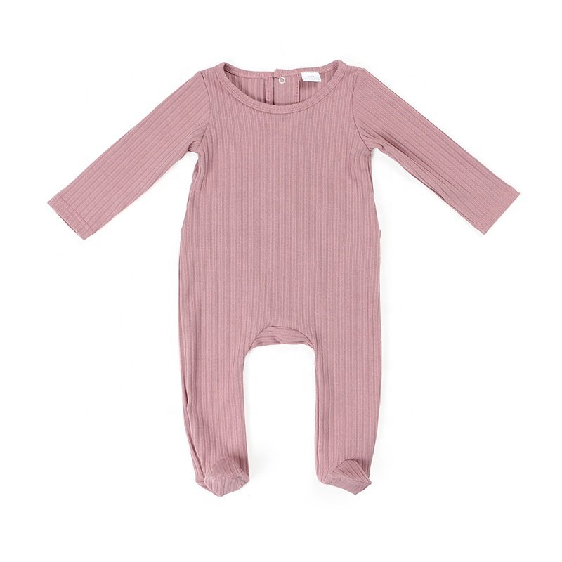 Newborn baby clothes long sleeves snap button opening back easy to change diaper knit cotton ribbed footie baby romper