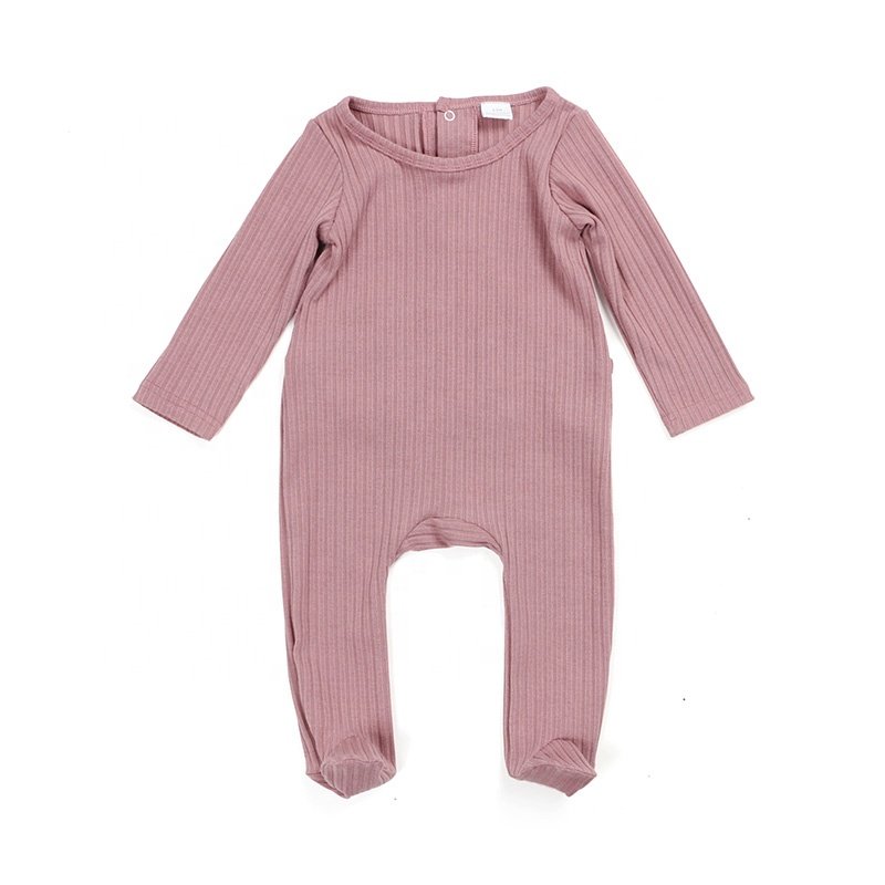 Newborn baby clothes long sleeves snap button opening back easy to change diaper knit cotton ribbed footie baby romper