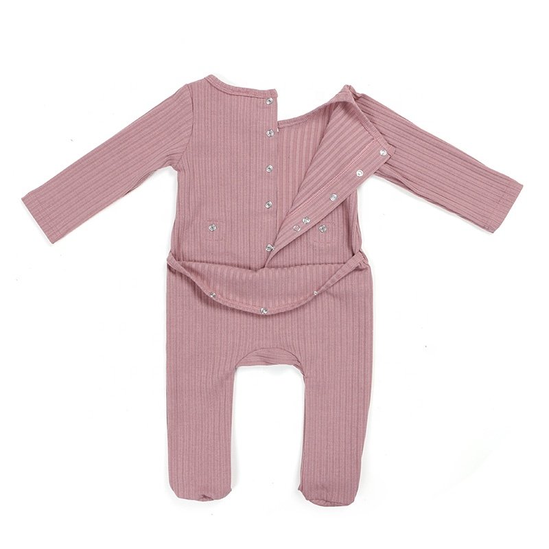 Newborn baby clothes long sleeves snap button opening back easy to change diaper knit cotton ribbed footie baby romper