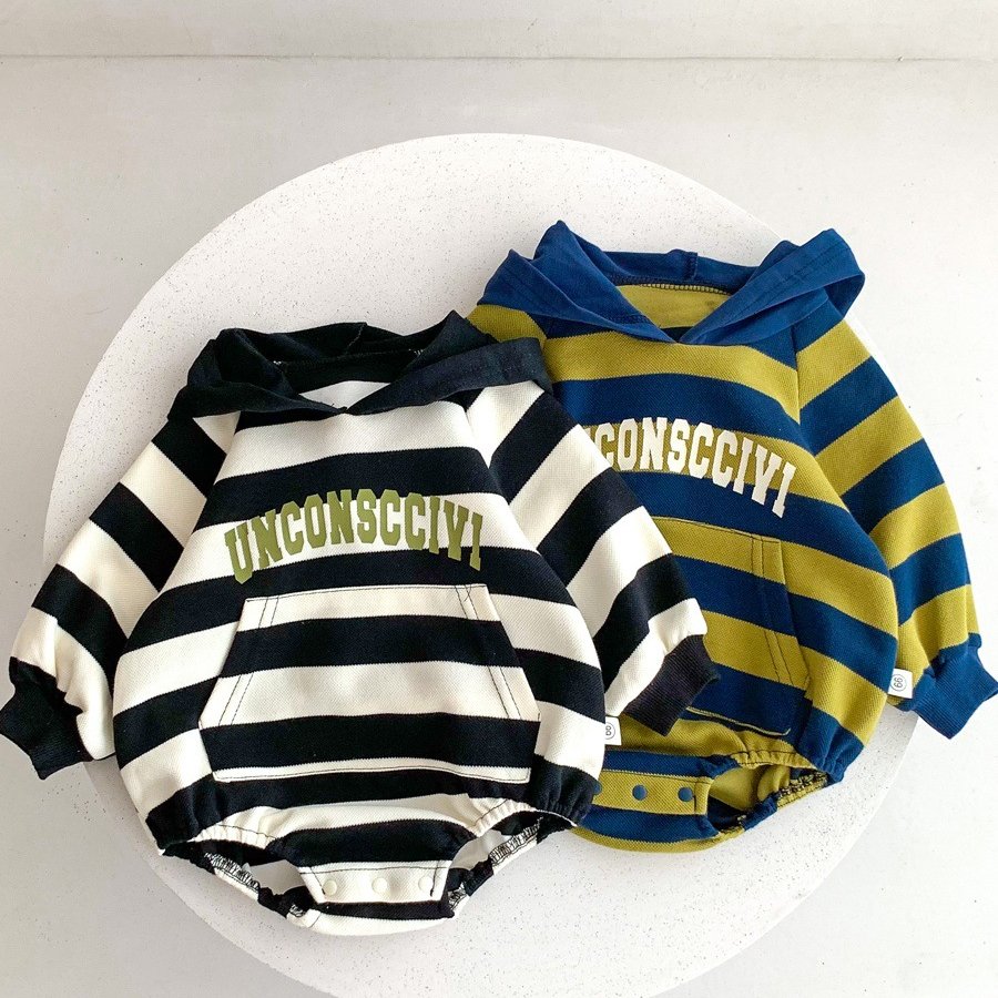 Spring and Autumn Infant Hooded Stripe Bodysuit Boys' Handsome Harper Fashion Baby Clothes