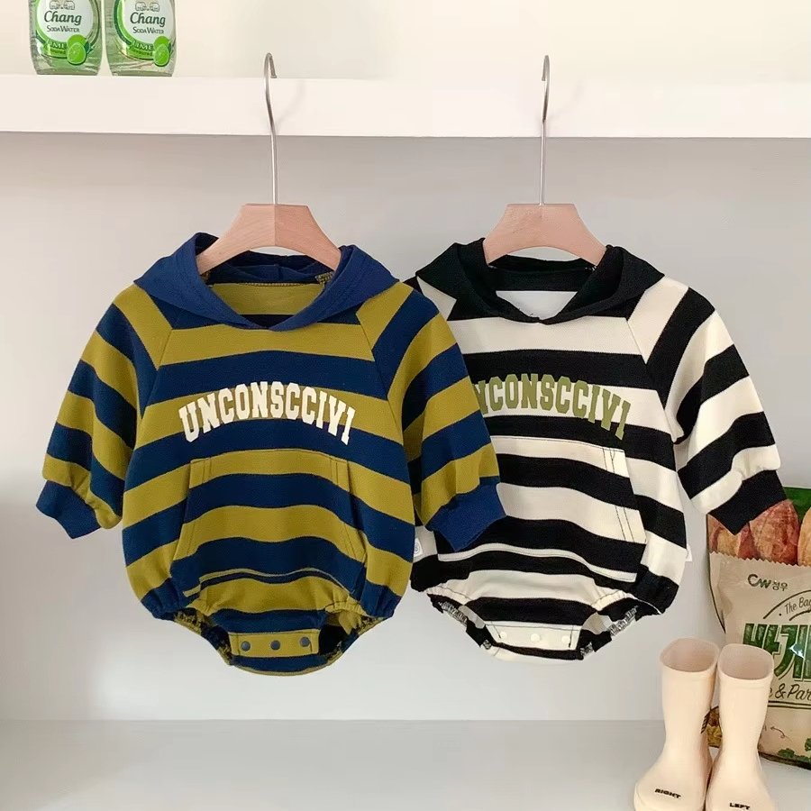 Spring and Autumn Infant Hooded Stripe Bodysuit Boys' Handsome Harper Fashion Baby Clothes