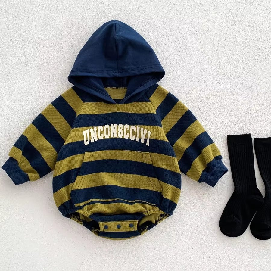 Spring and Autumn Infant Hooded Stripe Bodysuit Boys' Handsome Harper Fashion Baby Clothes