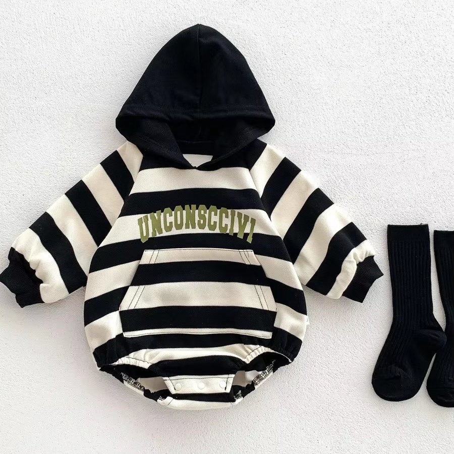Spring and Autumn Infant Hooded Stripe Bodysuit Boys' Handsome Harper Fashion Baby Clothes