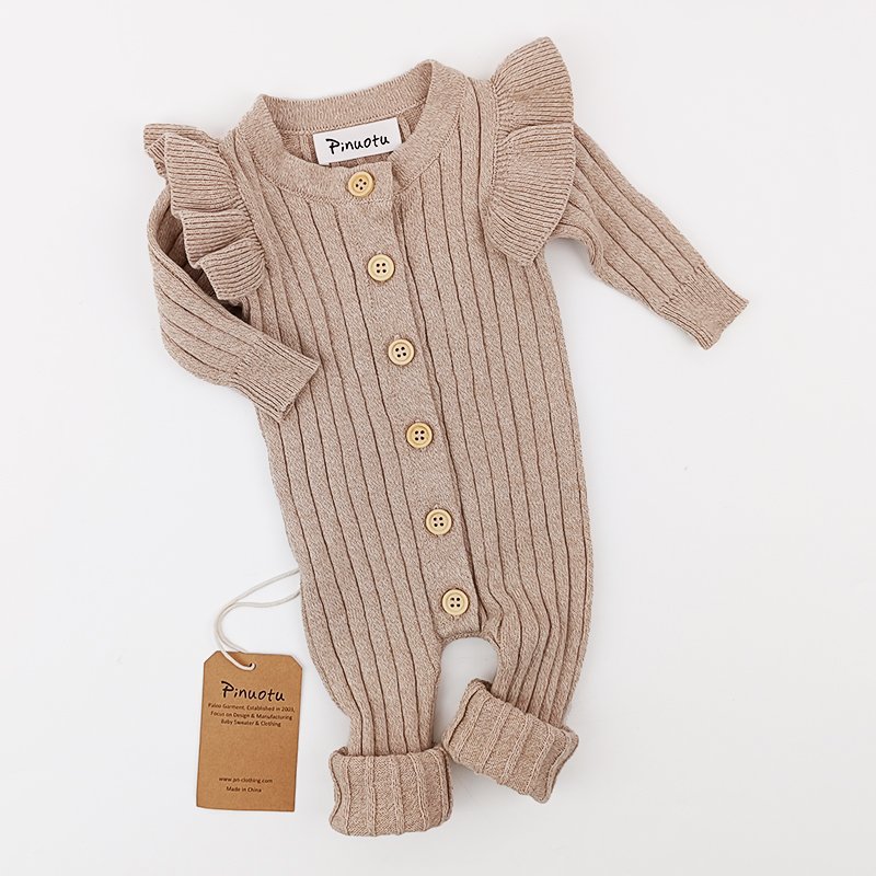 Pinuotu Baby Knitted Romper Ribbed Knit Child Ruffle Sweater Jumpsuits Girl Clothes Shoulder Frill New Born Onesies Bodysuits