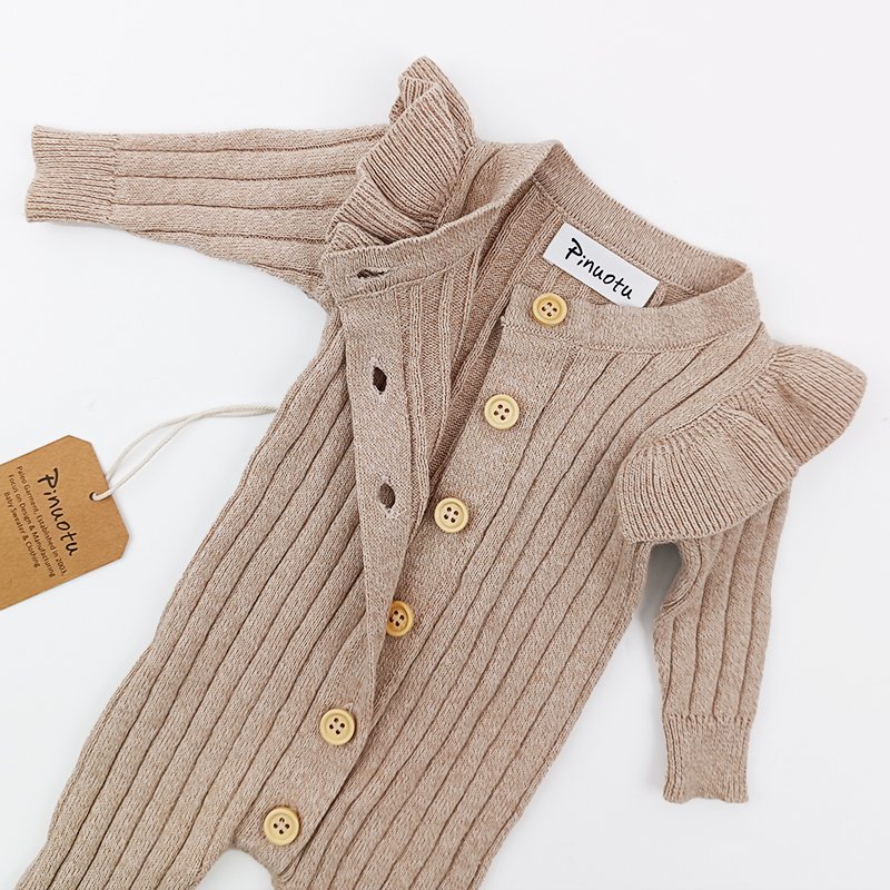 Pinuotu Baby Knitted Romper Ribbed Knit Child Ruffle Sweater Jumpsuits Girl Clothes Shoulder Frill New Born Onesies Bodysuits