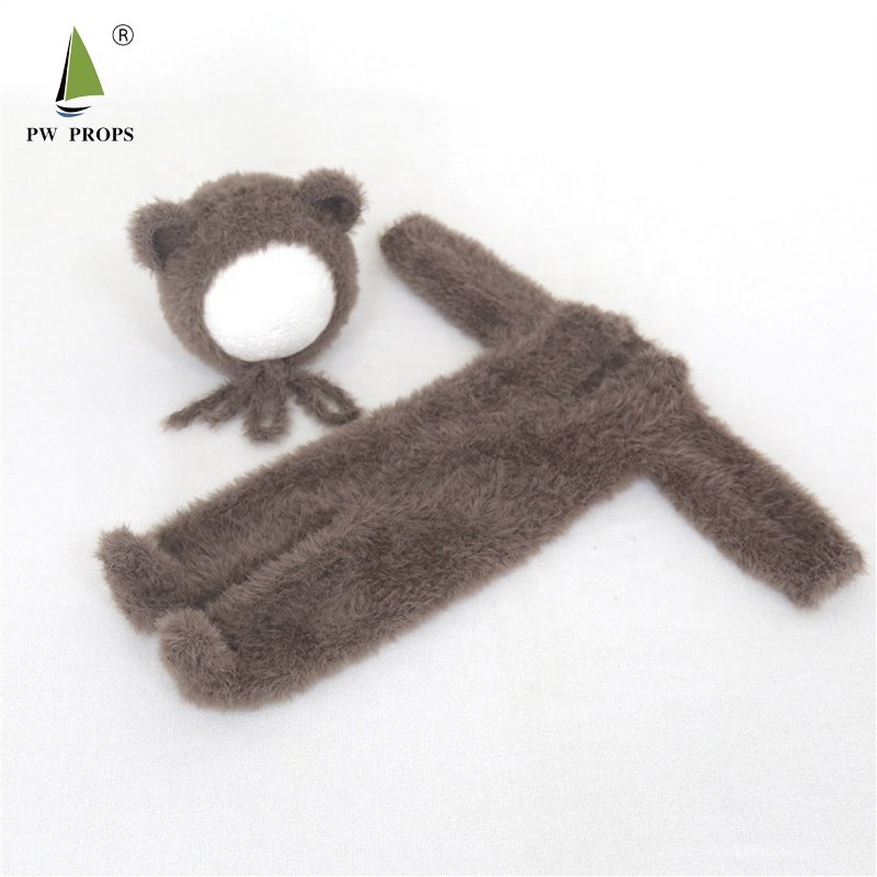 Newborn Photography props suit Knit Baby Hooded Romper set Knit Mohair soft Hat Bonnet Baby bear hat and hooded romper overall