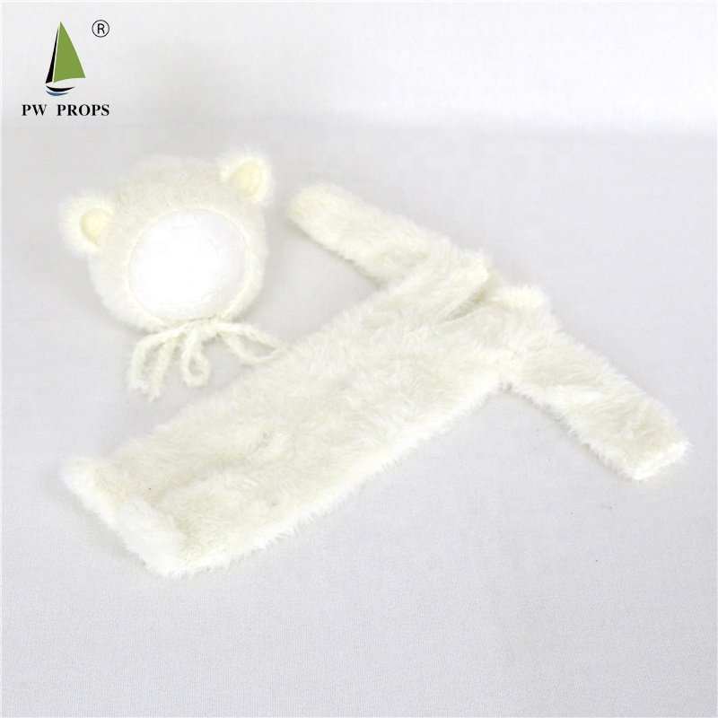 Newborn Photography props suit Knit Baby Hooded Romper set Knit Mohair soft Hat Bonnet Baby bear hat and hooded romper overall