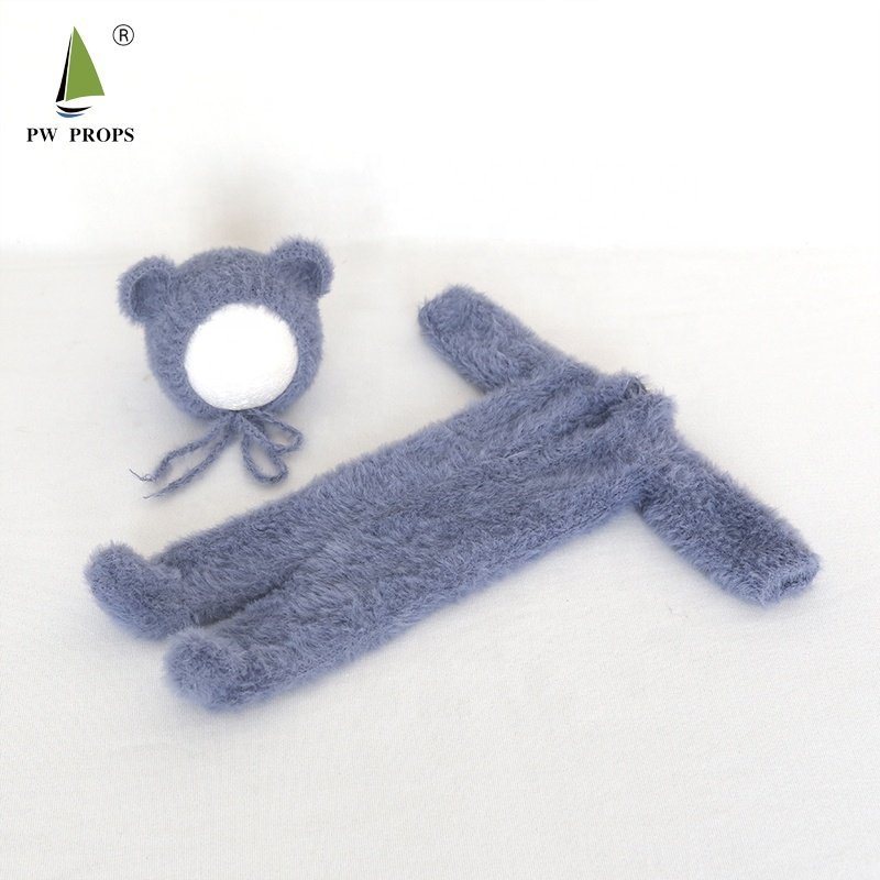 Newborn Photography props suit Knit Baby Hooded Romper set Knit Mohair soft Hat Bonnet Baby bear hat and hooded romper overall