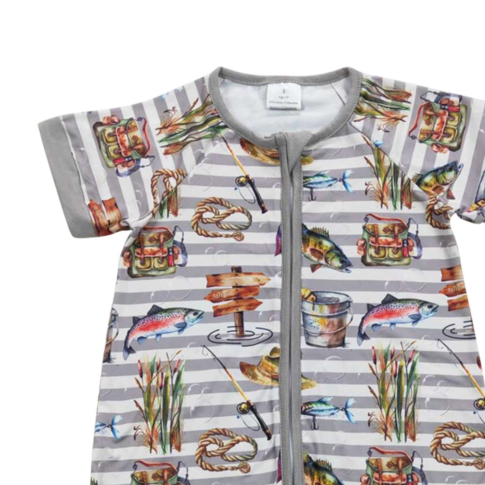 Gray striped fish zipper boys top boy baby romper