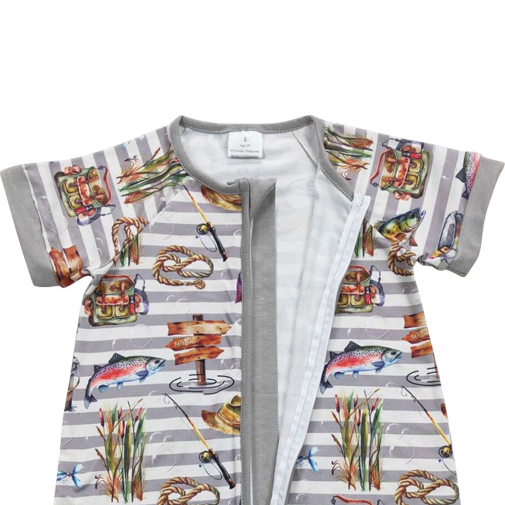 Gray striped fish zipper boys top boy baby romper