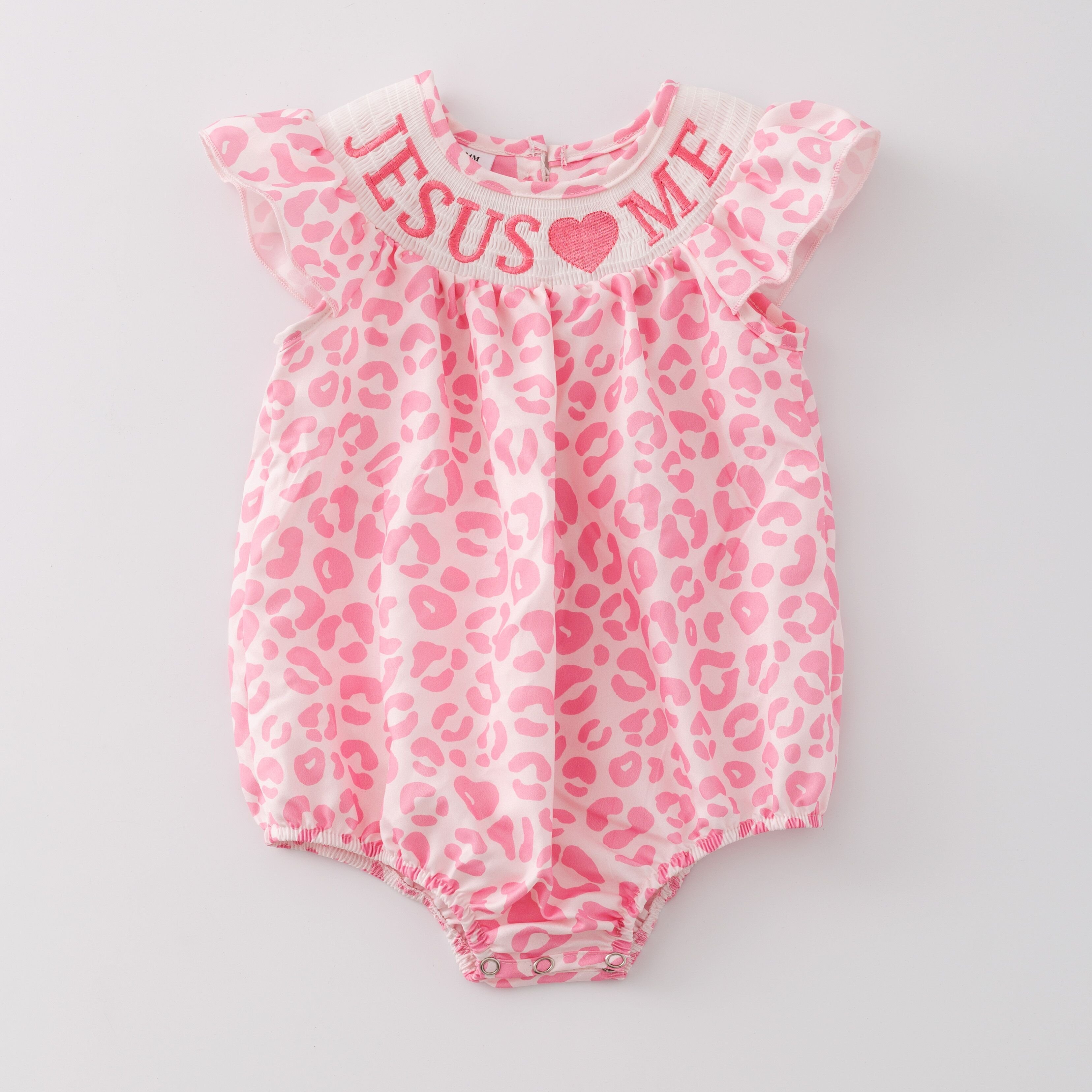 Infant Baby Girls Pink Leopard Smocked Embroidery Bubbles Romper Customized Kids Clothes Kids Smocked Clothing