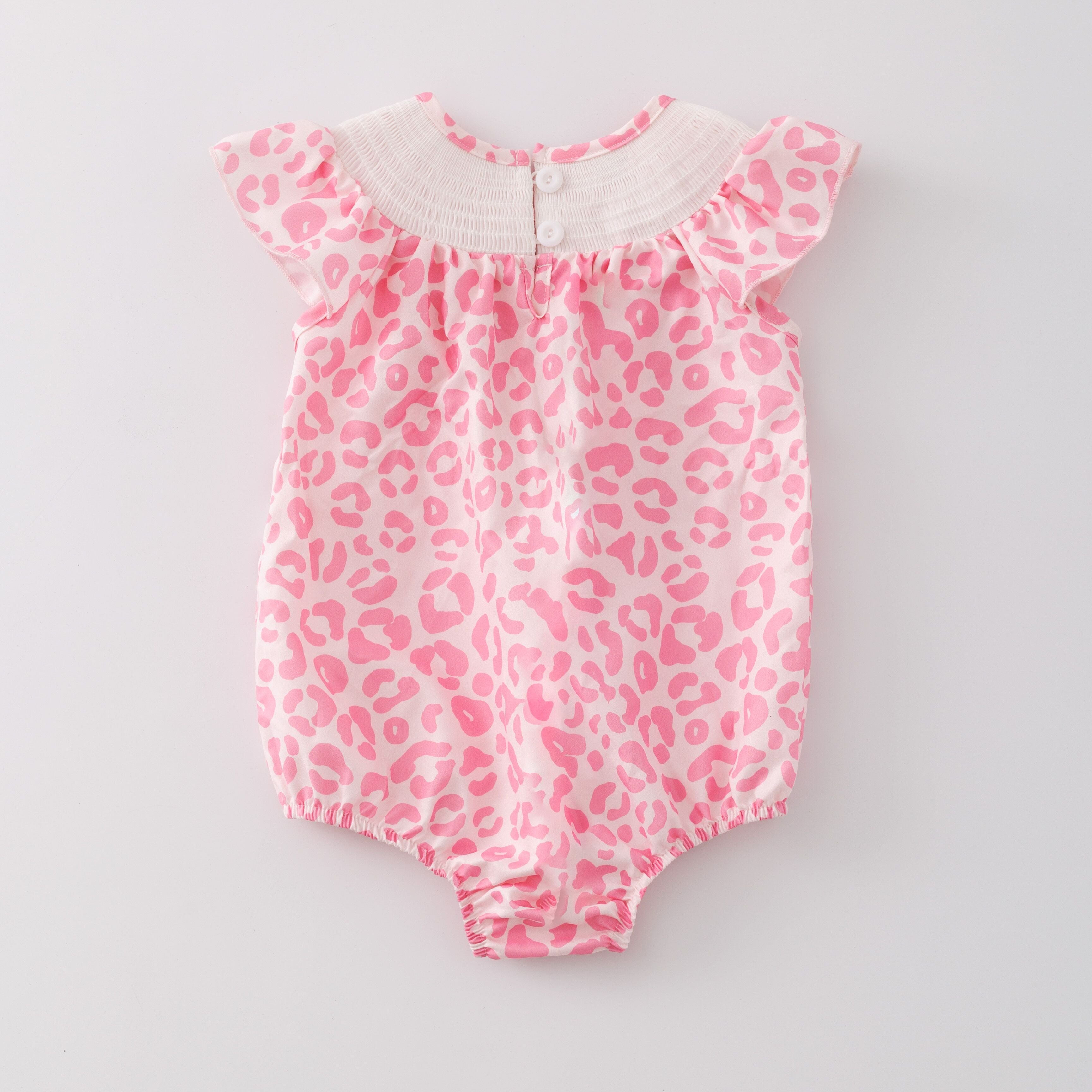 Infant Baby Girls Pink Leopard Smocked Embroidery Bubbles Romper Customized Kids Clothes Kids Smocked Clothing