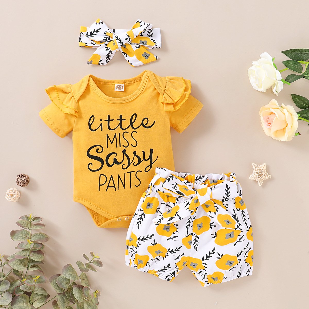 New Born Baby Clothes Cute Summer Alphabet Print Baby Short Sleeve Romper Shorts Headband 3 PCS Toddler Girls Clothing Sets