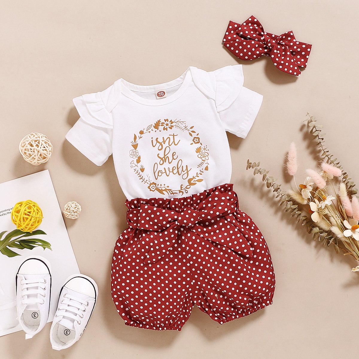 New Born Baby Clothes Cute Summer Alphabet Print Baby Short Sleeve Romper Shorts Headband 3 PCS Toddler Girls Clothing Sets