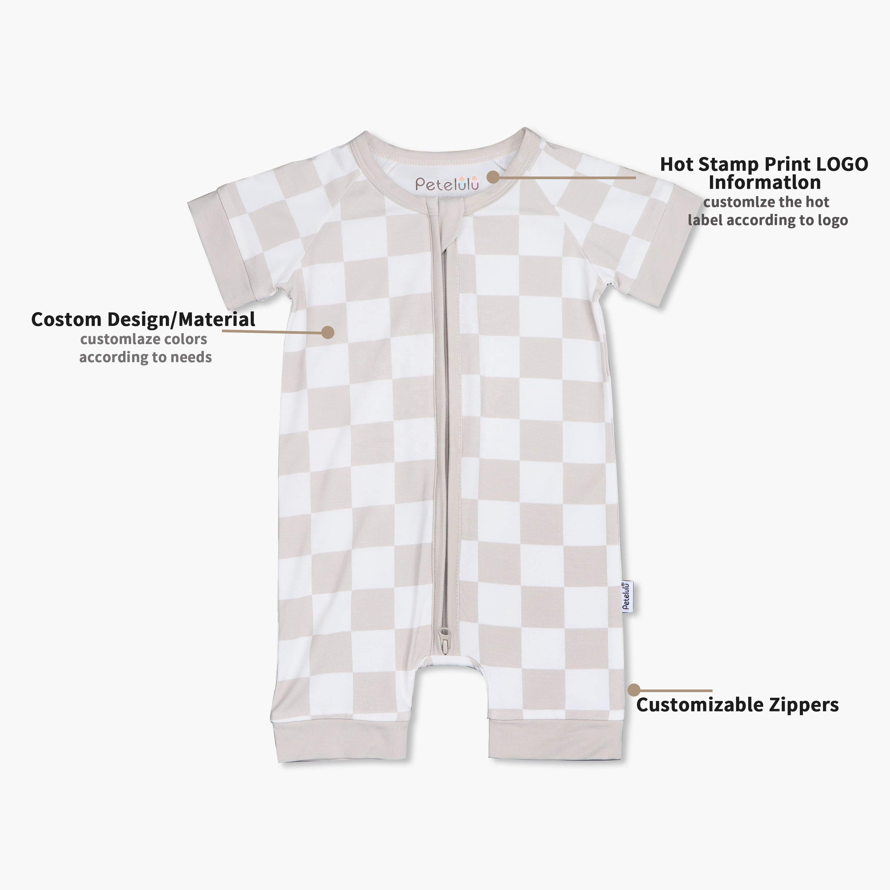 PETELULU Unisex Summer Baby Rompers Bamboo Baby Clothing Jumpsuits Short Sleeve Bamboo Baby Romper Zipper Pajamas Plain Fabric