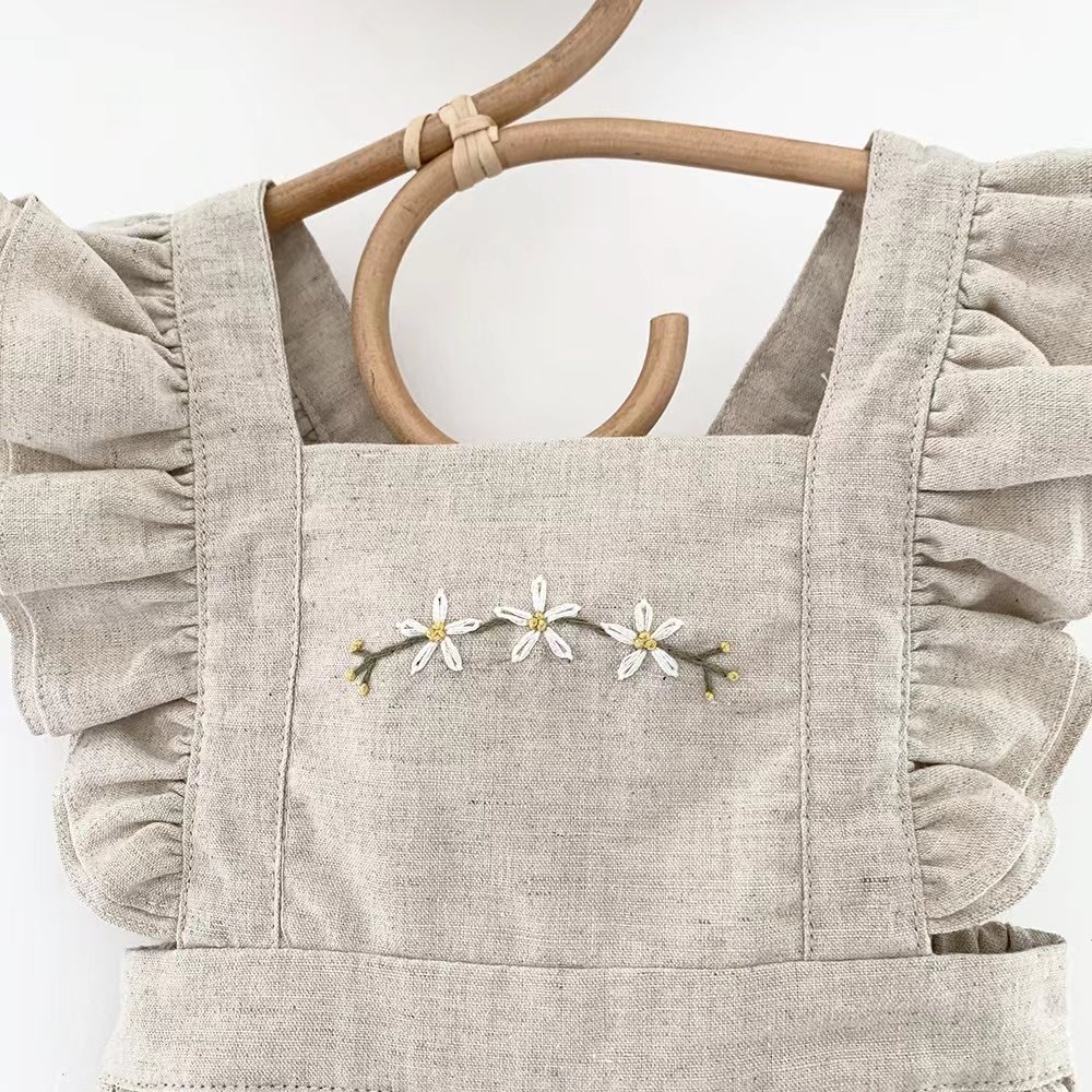 Australia UK Double Frill Baby Rompers Linen Summer Fly Sleeve Square Collar Toddler Bodysuit Flower Embroidery Infant Sunsuit