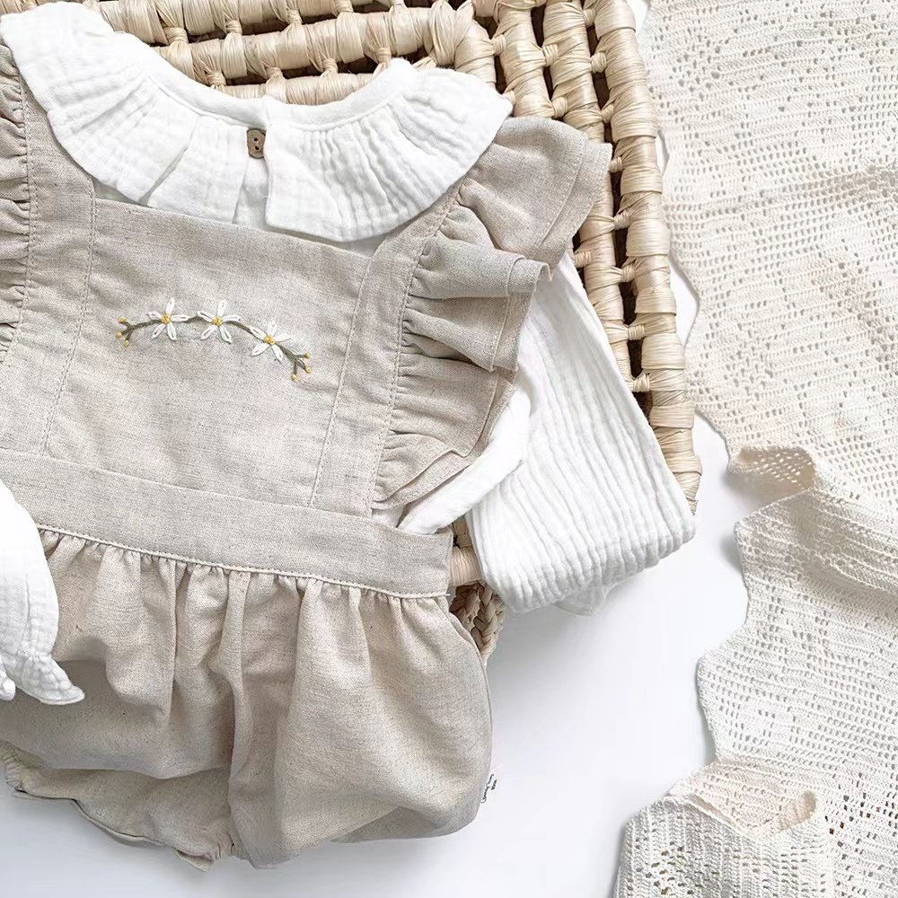 Australia UK Double Frill Baby Rompers Linen Summer Fly Sleeve Square Collar Toddler Bodysuit Flower Embroidery Infant Sunsuit