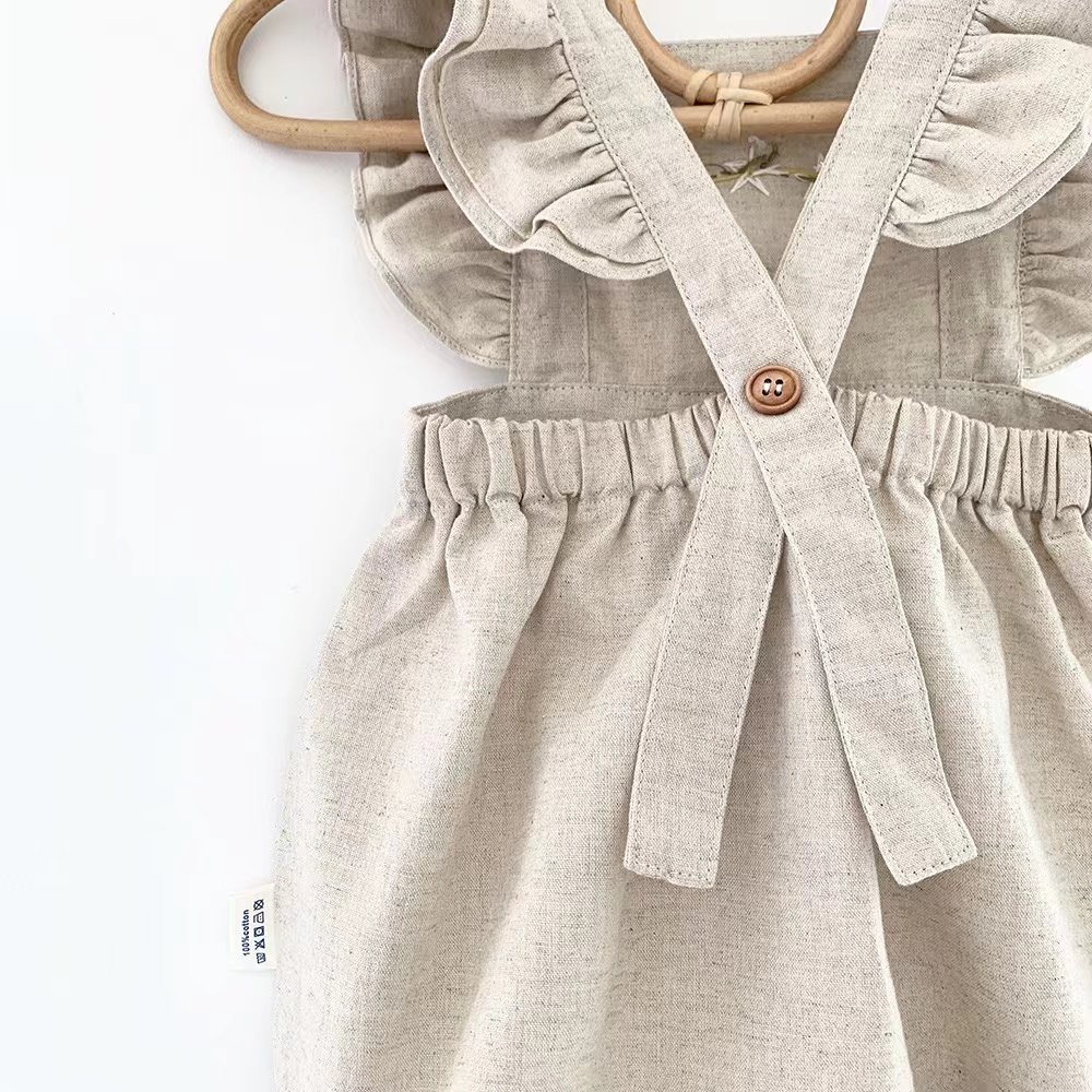 Australia UK Double Frill Baby Rompers Linen Summer Fly Sleeve Square Collar Toddler Bodysuit Flower Embroidery Infant Sunsuit