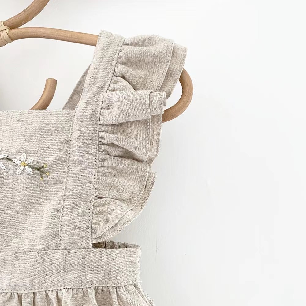 Australia UK Double Frill Baby Rompers Linen Summer Fly Sleeve Square Collar Toddler Bodysuit Flower Embroidery Infant Sunsuit