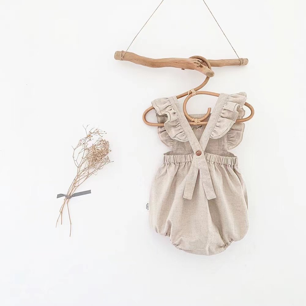 Australia UK Double Frill Baby Rompers Linen Summer Fly Sleeve Square Collar Toddler Bodysuit Flower Embroidery Infant Sunsuit