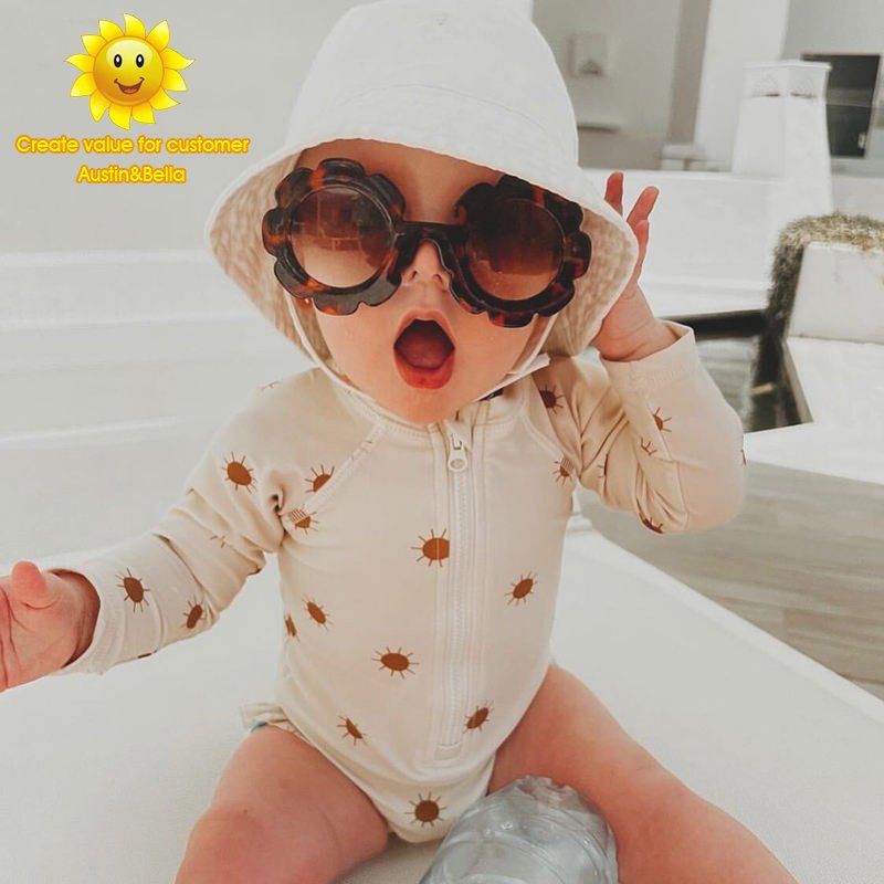 Baby Girls Ruffled Long Sleeve One-Piece Swimsuit Ribbed Solid Color Ruffle Zipper Rash Guard Swimwear Bathing Newborn 7009YY