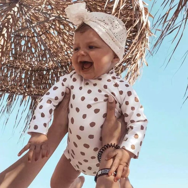 Baby Girls Ruffled Long Sleeve One-Piece Swimsuit Ribbed Solid Color Ruffle Zipper Rash Guard Swimwear Bathing Newborn 7009YY