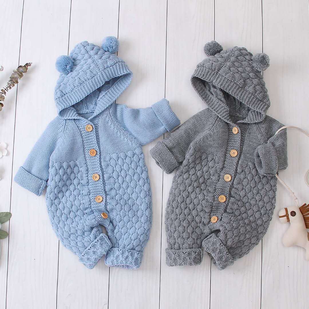 Newborn Infant Knit Onesie Sweater Jumpsuit Cartoon Bear Winter Clothes Hooded Baby Romper Toddler Long Sleeve Full OEM Service