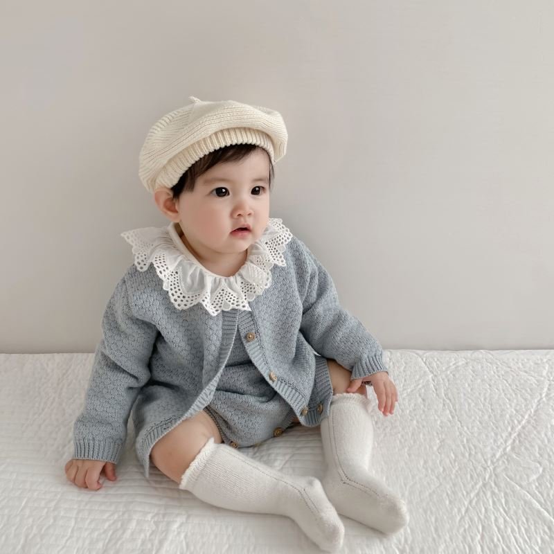 spring clothing infant baby sweater round neck custom color cotton knitted romper Coat clothes set