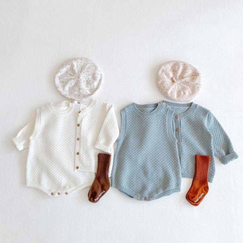 spring clothing infant baby sweater round neck custom color cotton knitted romper Coat clothes set