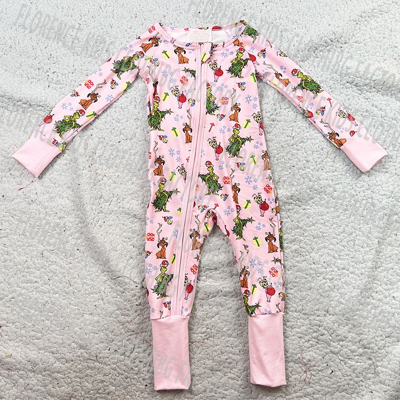 DH ODM Christmas boutique infant toddler girls bamboo zipper clothing baby rompers wholesale