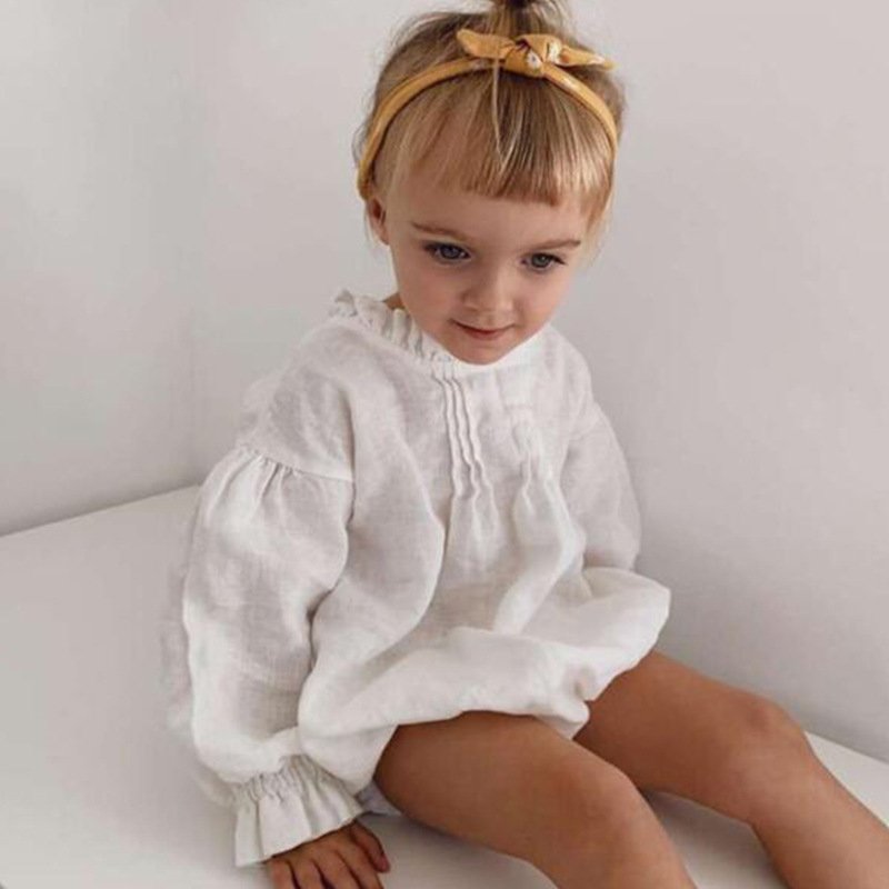 Hot Selling Autumn Winter Plain Linen Long Sleeves Ruffles Baby Playsuit Jumpsuit Baby Girls Romper