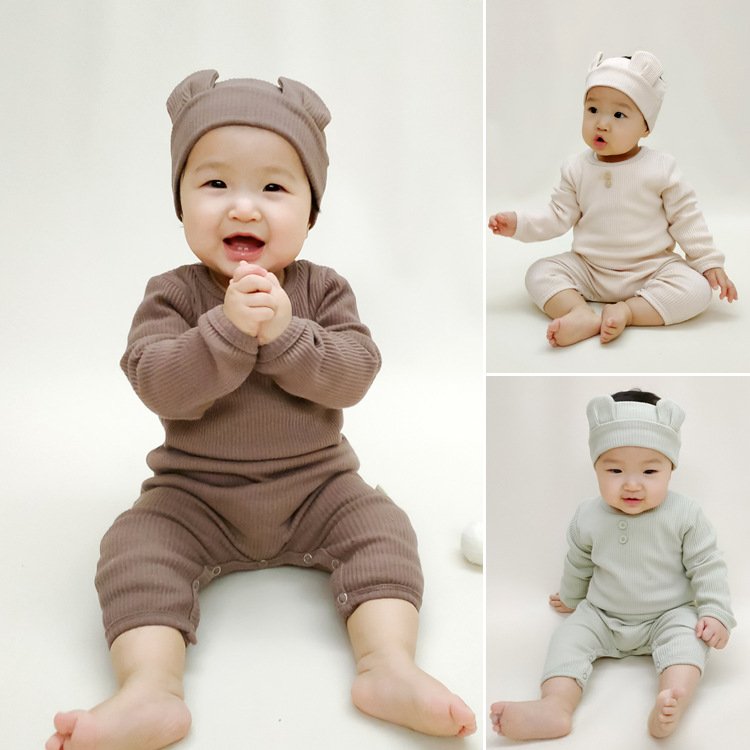 2024 Fall Korean Style Cotton Ribbed Long Sleeve Bodysuit Baby Romper Set Cotton Baby Boys Newborn Romper with Headband