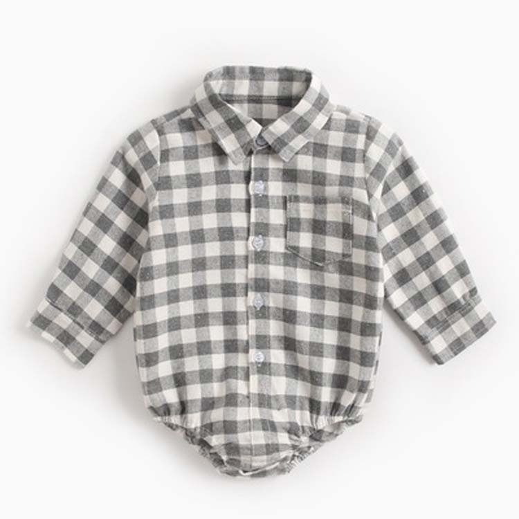 Long Sleeve Shirt Romper 100% Cotton Boy Baby Clothes Factory High Quality Plaid Full Baby Items Lovely Picture Support Button
