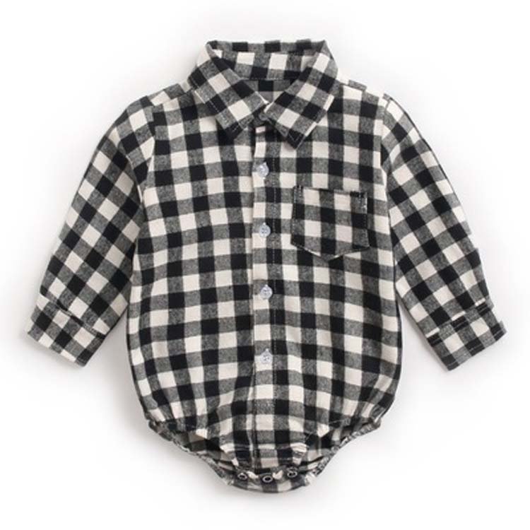 Long Sleeve Shirt Romper 100% Cotton Boy Baby Clothes Factory High Quality Plaid Full Baby Items Lovely Picture Support Button