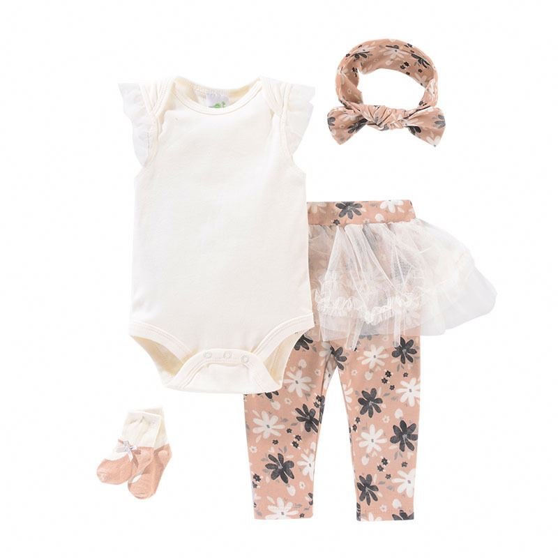 4PCS Set Wholesale Summer Rompers Print Clothes Infant Girls Jumpsuits 100% Cotton New Born Baby