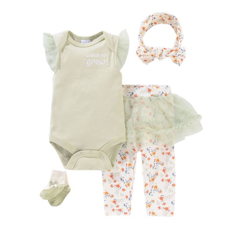 4PCS Set Wholesale Summer Rompers Print Clothes Infant Girls Jumpsuits 100% Cotton New Born Baby