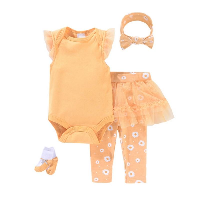 4PCS Set Wholesale Summer Rompers Print Clothes Infant Girls Jumpsuits 100% Cotton New Born Baby