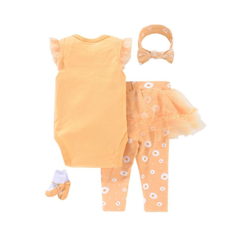 4PCS Set Wholesale Summer Rompers Print Clothes Infant Girls Jumpsuits 100% Cotton New Born Baby